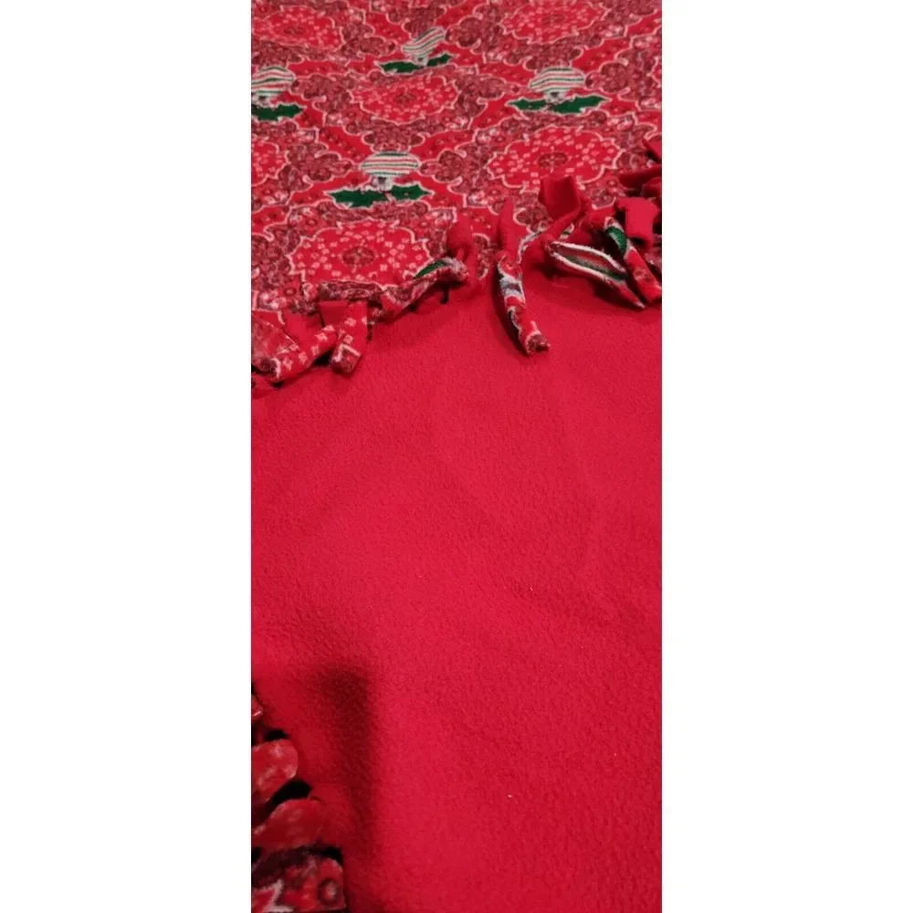 Homemade Reversible Christmas Tie Blanket. Solid Red/decorated Side Warm. Fleece
